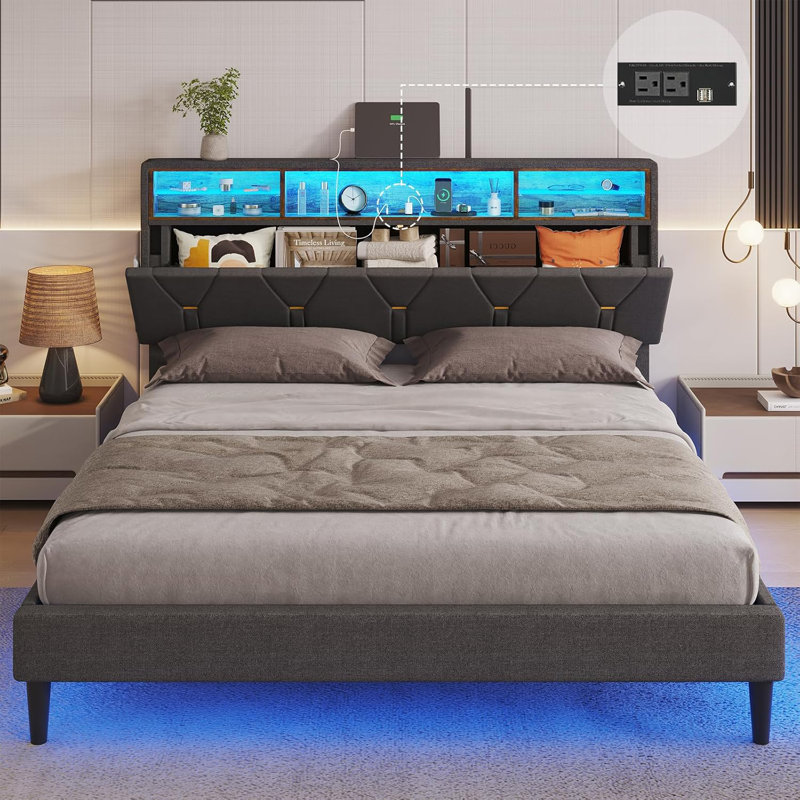 Lit plateforme en velours avec tête de lit et prise de courant, gris, Grand