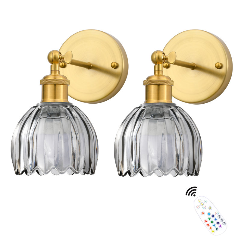 Rgb Dimmable Wireless Wall Sconces,Multi-Color Rechargeable Gold & Grey Glass Wall Sconces (Set Of 2, Brushed Gold, Gray