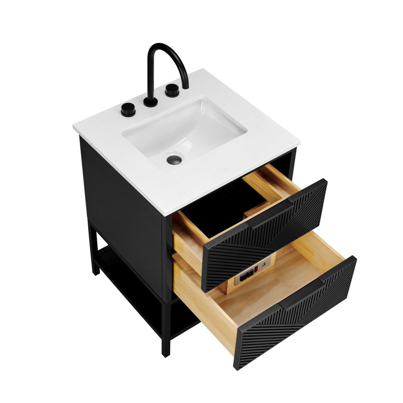 Diamond 24'' W Single Vanity, Charcoal Black, White Quartz, Matte Black