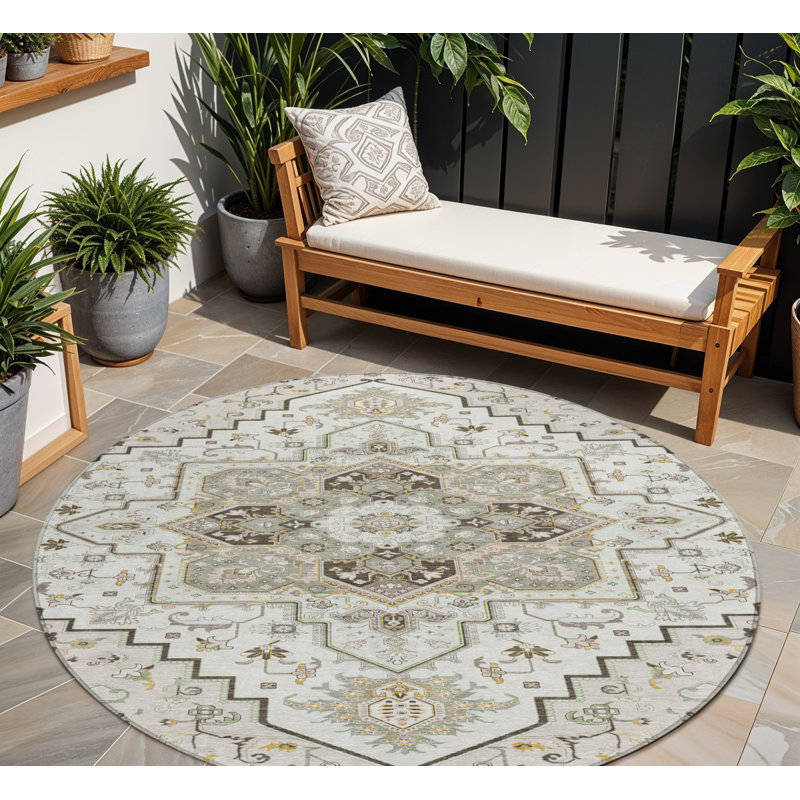 Tapis rond intérieur / extérieur rond ivoire et brun 8 pi