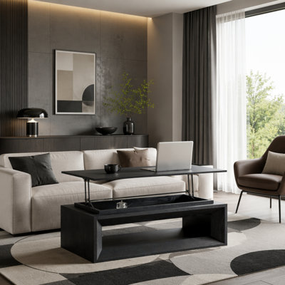Lift Top Rectangle Coffee Table with Storage, Modern Wood Veneer MDF Coffee Table with Floating Tabletop, Convertible Rising Tabletop