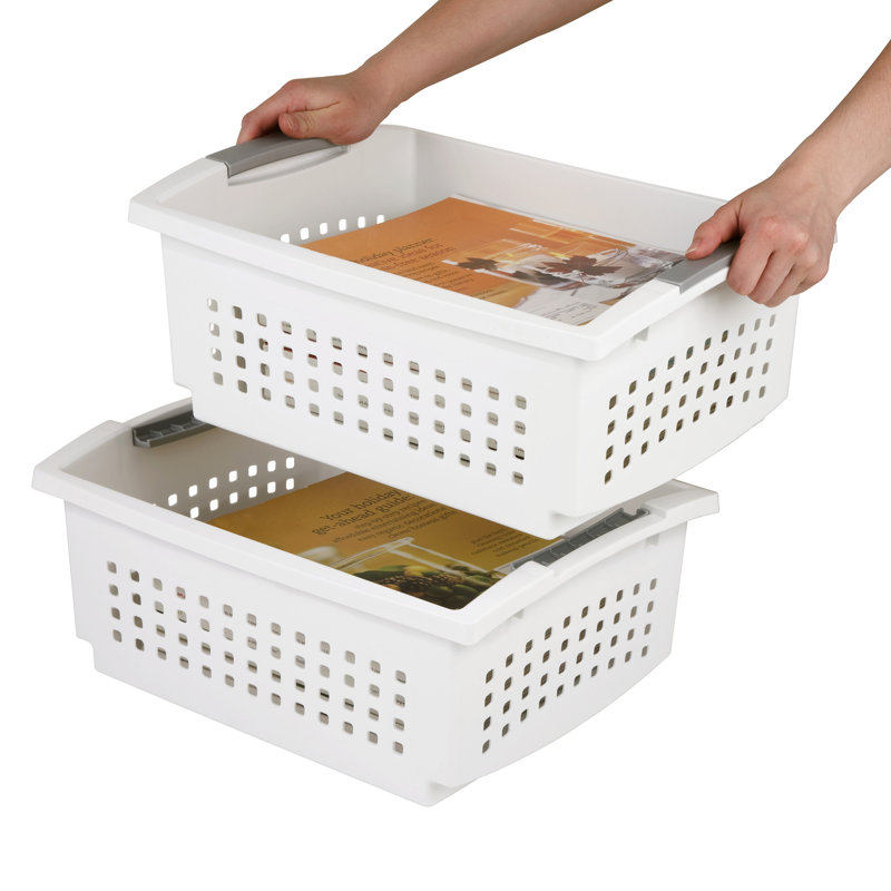 Sterilite Large Stacking Basket, Open Top Storage Bin w/ Handles, 12 Pack, White