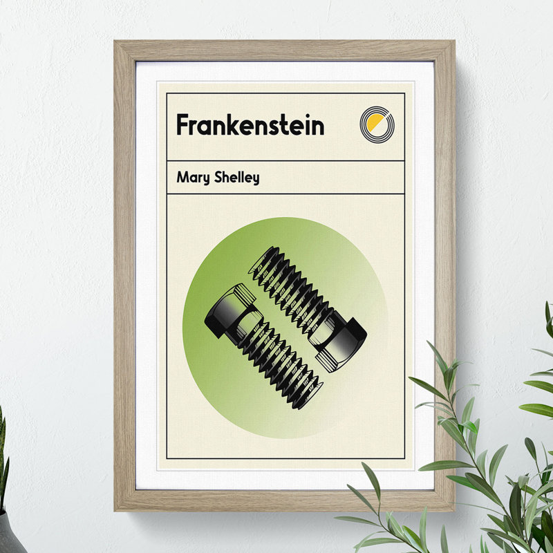 Book Cover Frankenstein Mary Shelley - Picture Frame Graphic Art, 65cm H x 48cm W x 2cm D, Oak