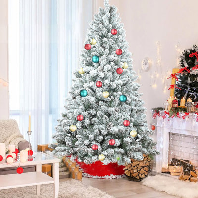 7ft Flocked Christmas Tree With Pine , 1124 Tips, 45 Real Pinecones, Stable Metal Support, Snow - Kissed Appearance For Holiday Decor