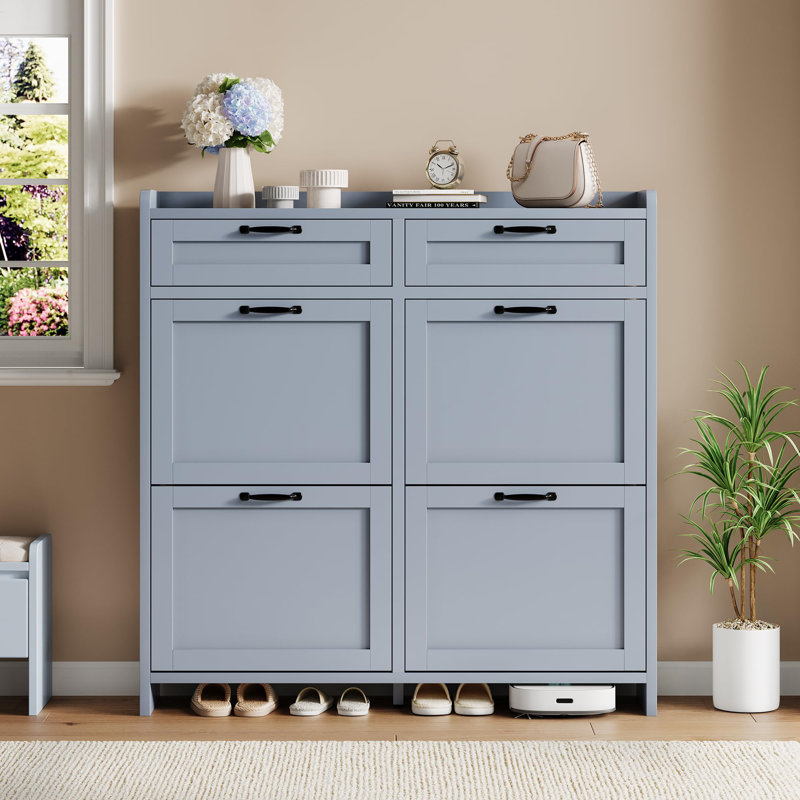 Shoe Cabinet with 4 Flip Drawers & 2 Top Drawers, High-Gloss Hidden Entryway Shoe Storage Organizer, Gray, 6