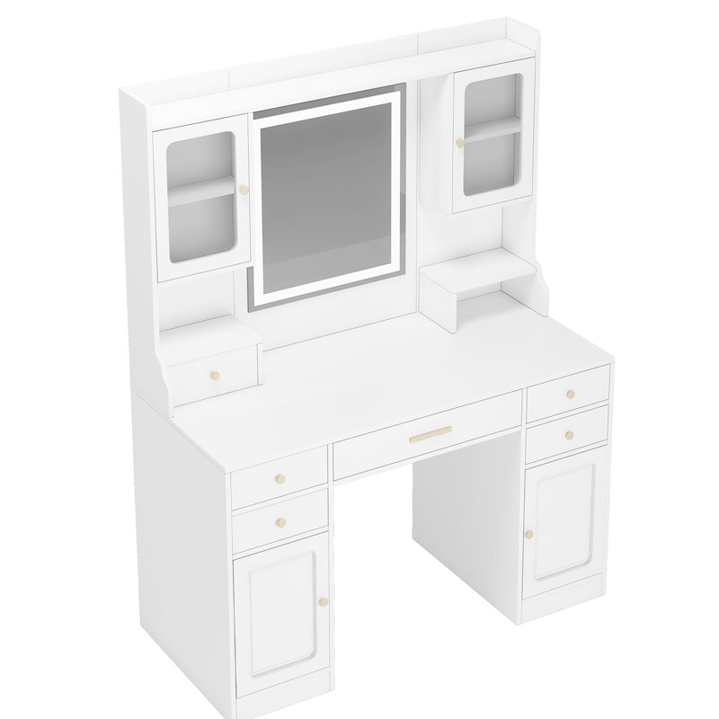 Meuble-lavabo blanc avec grand miroir, 6 tiroirs, 3 lumières chaudes et une tablette, 4 casiers de style américain