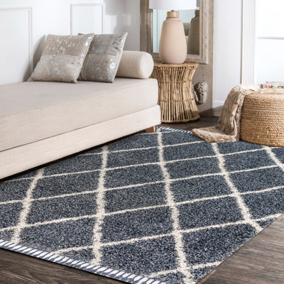 Cantera Shag Plush Tassel Moroccan Geometric Trellis Denim Blue/Cream Rug