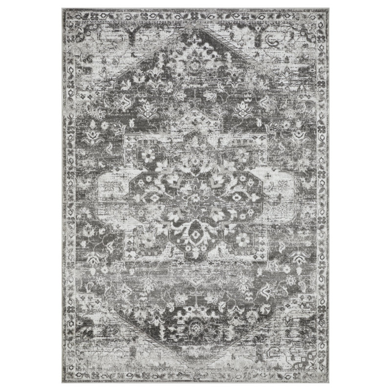 Tapis floral gris en polypropylène tissé à la main Ragheb, Rectangle 5 pi 3 po x 7 pi 3 po