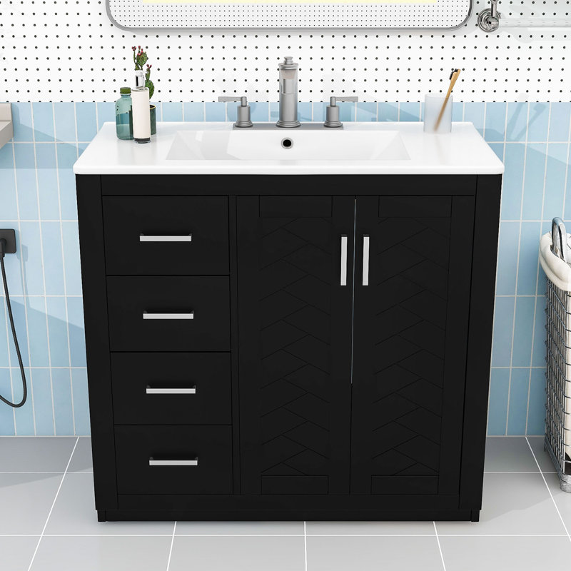 Meuble-lavabo de salle de bain avec cadre en bois et lavabo, beaucoup de rangement, Noir