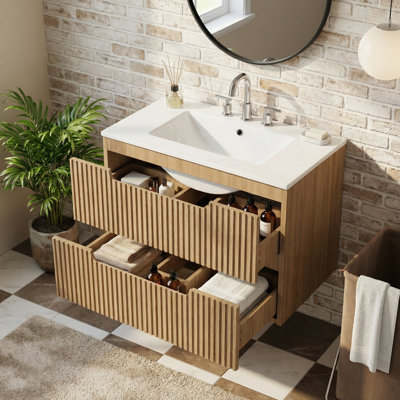  Meuble-lavabo mural 30 po avec lavabo en céramique, meuble-lavabo flottant en bois aggloméré avec 2 tiroirs à fermeture en douceur, noyer