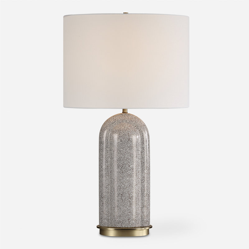 White Linen and Porcelain Table Lamp with Brass Accents