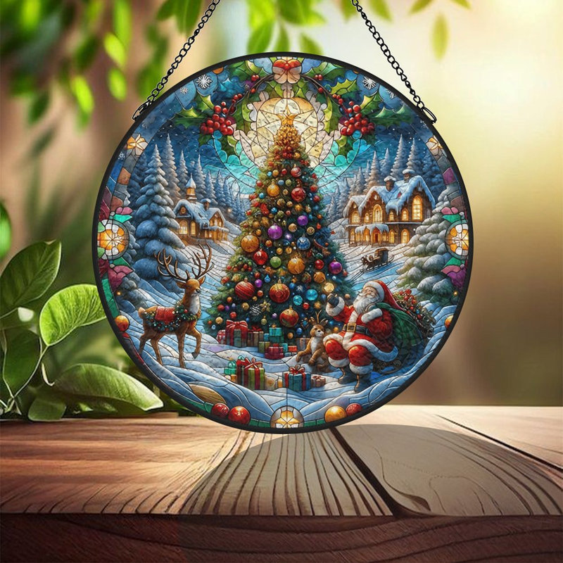 Scène de Noël vitrail vitrail pour fenêtre, 7,8 x 7,8 po (20 x 20 cm)