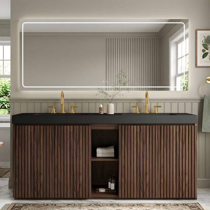 Grand meuble-lavabo autoportant avec lavabo en quartz noir intégré, Walnut Brown, Noir