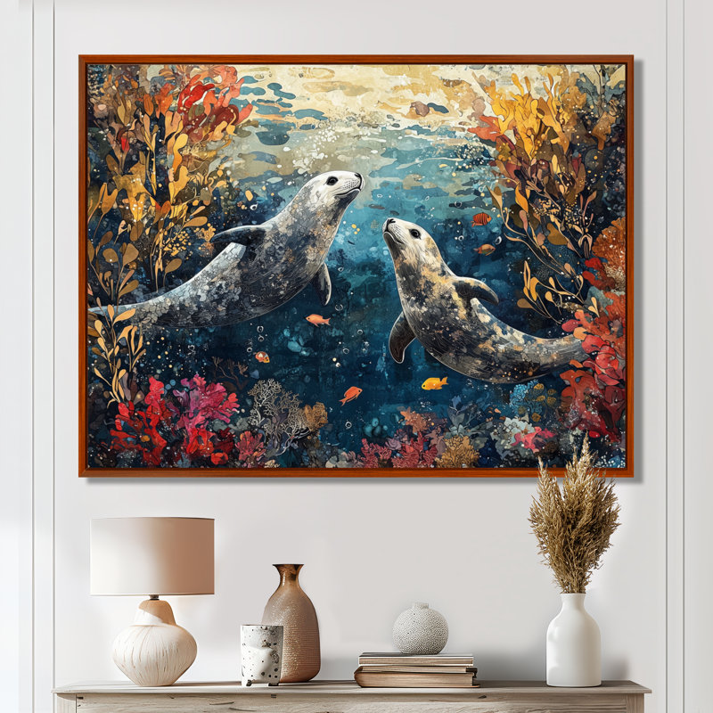Auriel jouant des phoques dans un paysage de corail III - phoque, art mural, H 34 po x l 44 po, Impression encadrée flottante