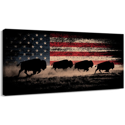 Patriotic Wall Art, American Flag Wall Art, Bison Silhouette American Flag Wall Decor, 4th of July Patriotic Canvas Wall Art, Americana Wall Decor for Living Room or Office 12" × 24"