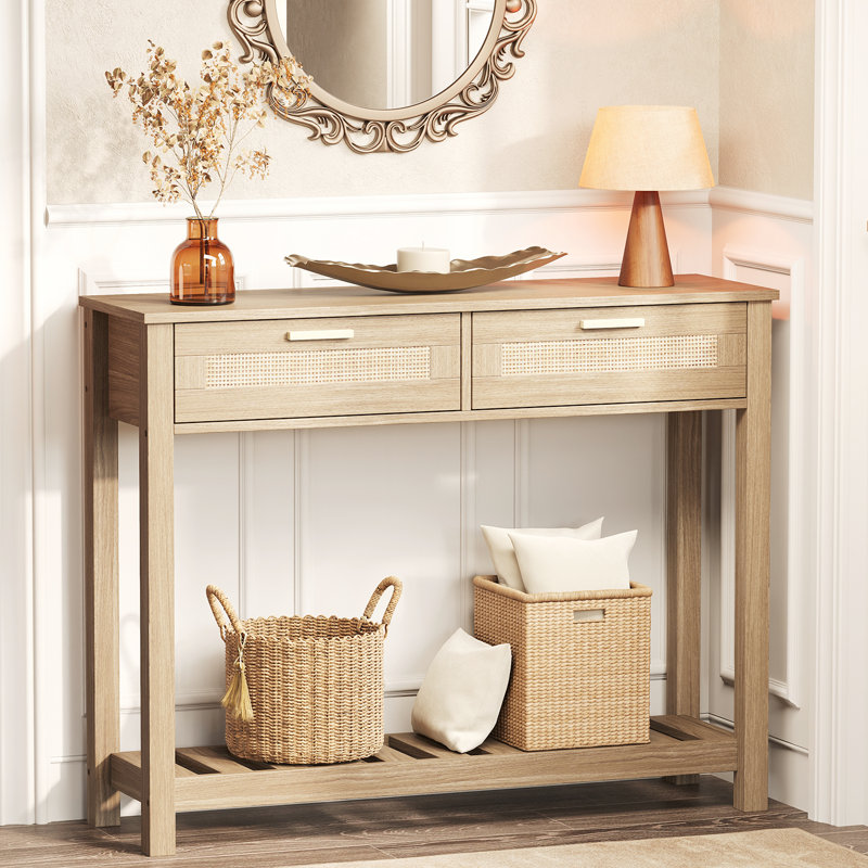 39" Boho Rattan Console Table with 2 Drawers & Open Shelf