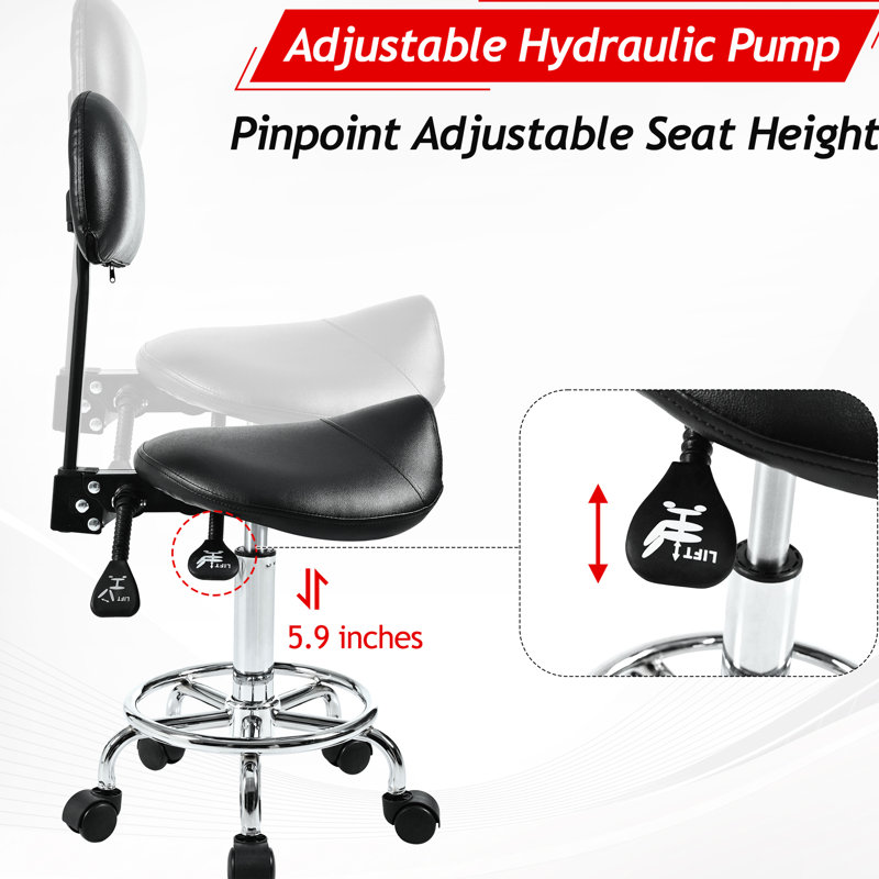 Tabouret à roulettes avec support pour le dos et roulettes, angle réglable en hauteur, idéal pour les coiffeurs beauté - noir, rembourré de mousse, support ergonomique de 17,68 po de largeur, anneau de repose-pieds, services