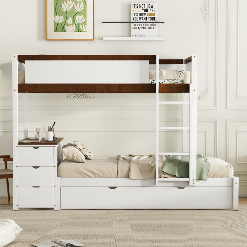 Lit superposé simple sur lit simple avec lit gigogne, rangement et bureau, parfait pour économiser de l'espace et une utilisation multifonctionnelle dans les maisons modernes