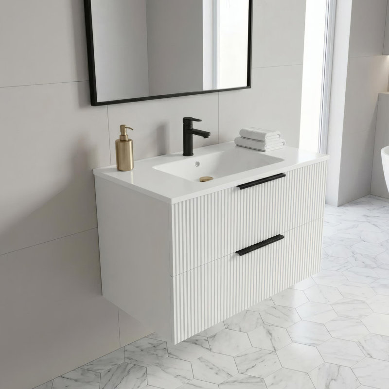 Meuble-lavabo mural avec lavabo en céramique et deux tiroirs, Matte White, 30
