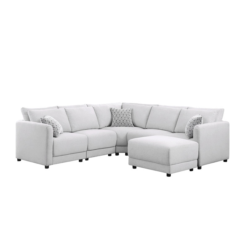 Penelope 94.5" Light Grey Linen Fabric Reversible L-Shape Sectional Sofa With Ottoman And Pillows, Left Hand Facing