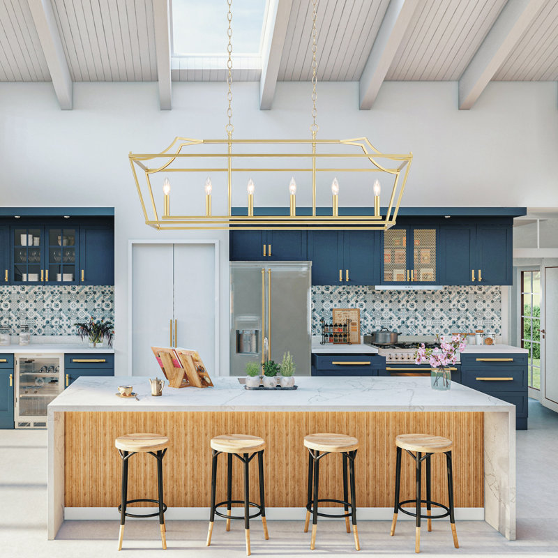 6 - Light Kitchen Steel Dimmable Rectangle Chandelier, UL Certified, Satin Brass