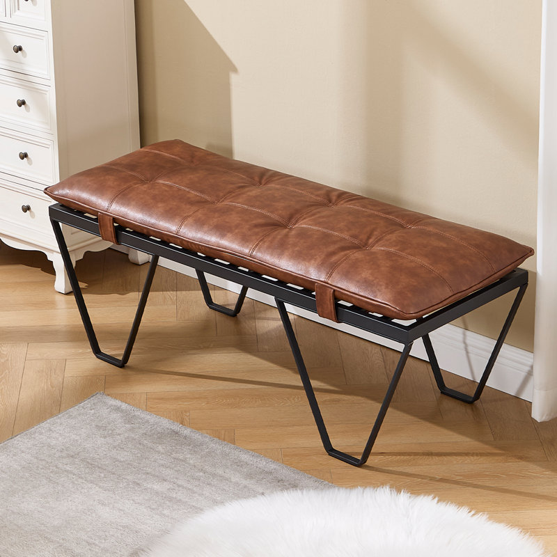 Banc rembourré en similicuir de style Mid-Century de 49 po de largeur avec pieds en métal, Brun, Noir