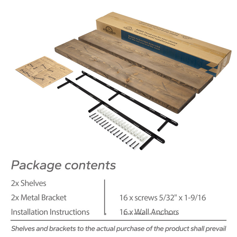 Solid Wood Floating Shelves，Rustic Wooden Wall Shelves, Distressed Walnut, 1.25" H x 48" W x 6.7" D