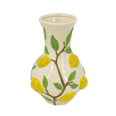 Accent Round Ceramic Vase With Vibrant Yellow Lemon Accents