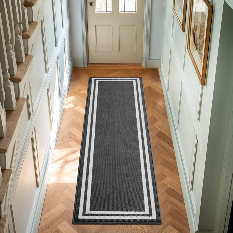 Laura Ashley Debbie Double Border Two-Tone Machine Washable All Loop Tufted Rugs, Runner 2'2" x 6', Dark Gray/Natural
