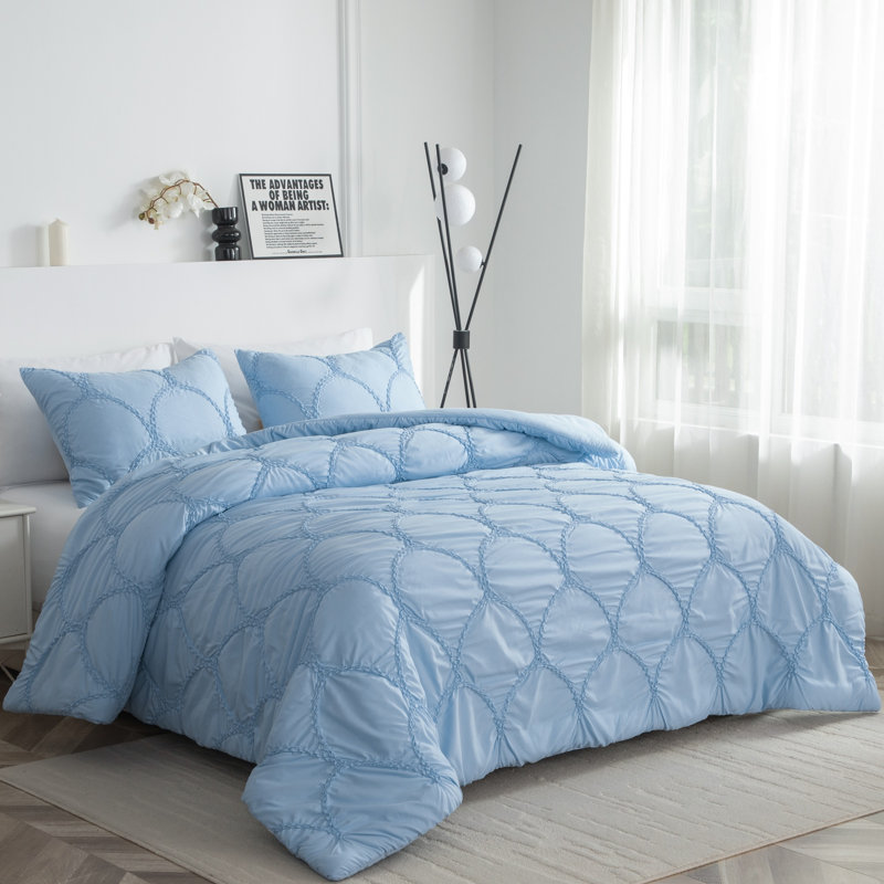 Ensemble d'édredon brodé en microsuède 3 pièces, Bleu, Édredon simple + 1 taie décorative pour lit simp