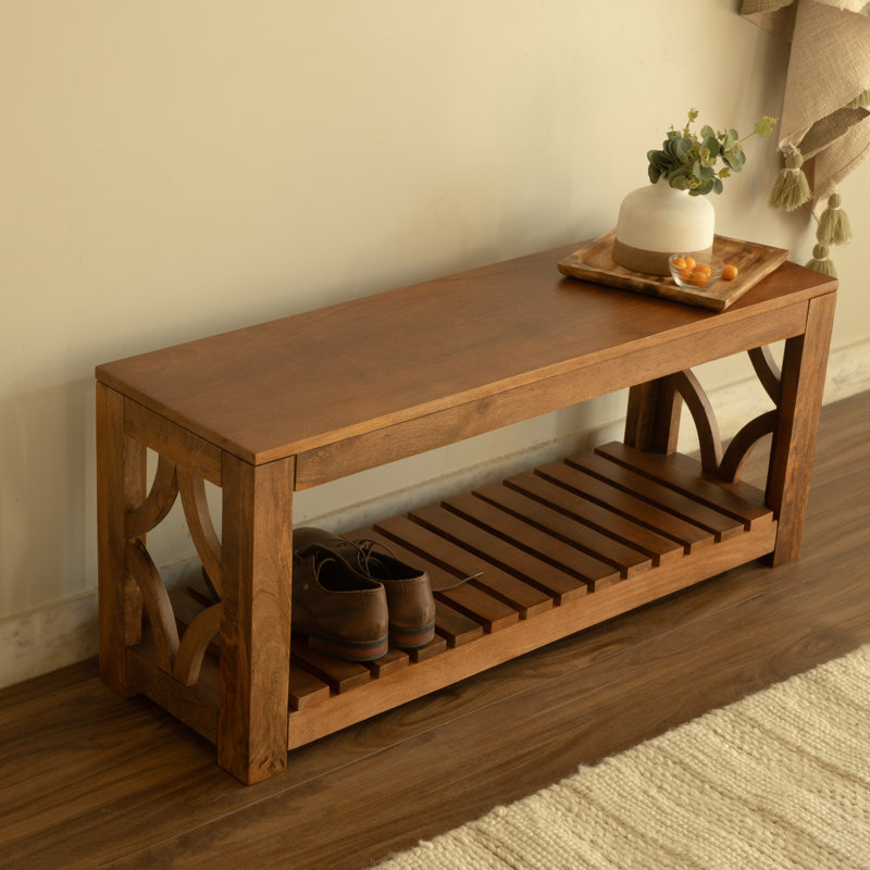 Banc de rangement en bois massif Dezider, Noyer clair