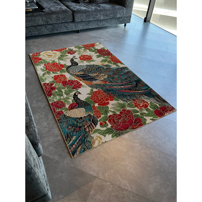 Tapis décoratif moderne à motif de paon surréel à motif de roses rouges, Tapis de couloir 3 pi 3,37 po x 6 pi 6,74 po