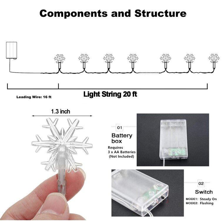 Christmas Snowflake String Lights 20Ft 40 LED Battery Operated