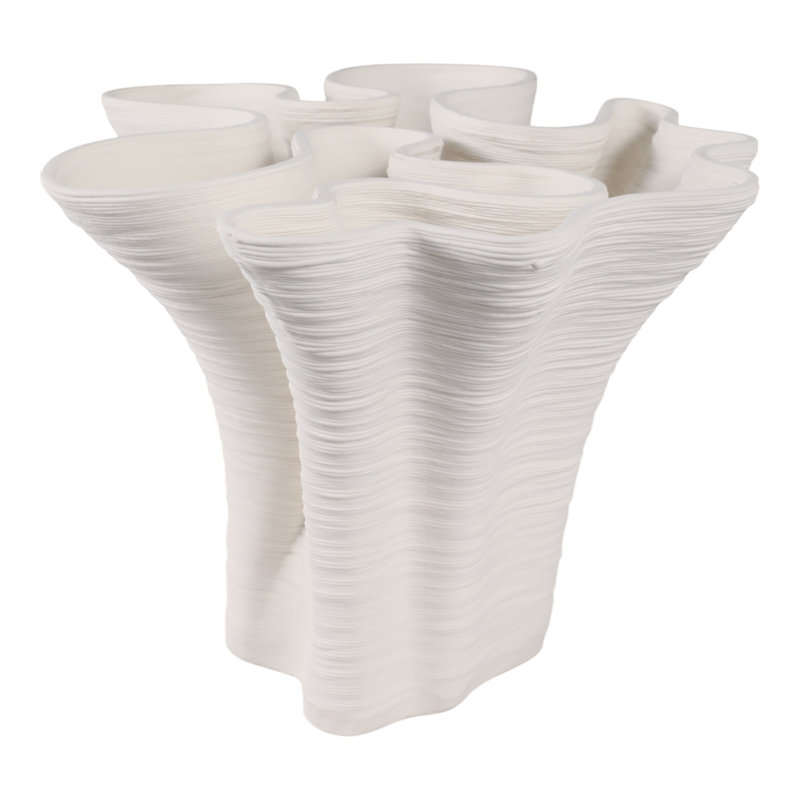 Decorative Vase Porcelain Abstract Ruffled Design Sculptural Accent For Home Office Bedroom Or Living Room Display - 8" Ivory