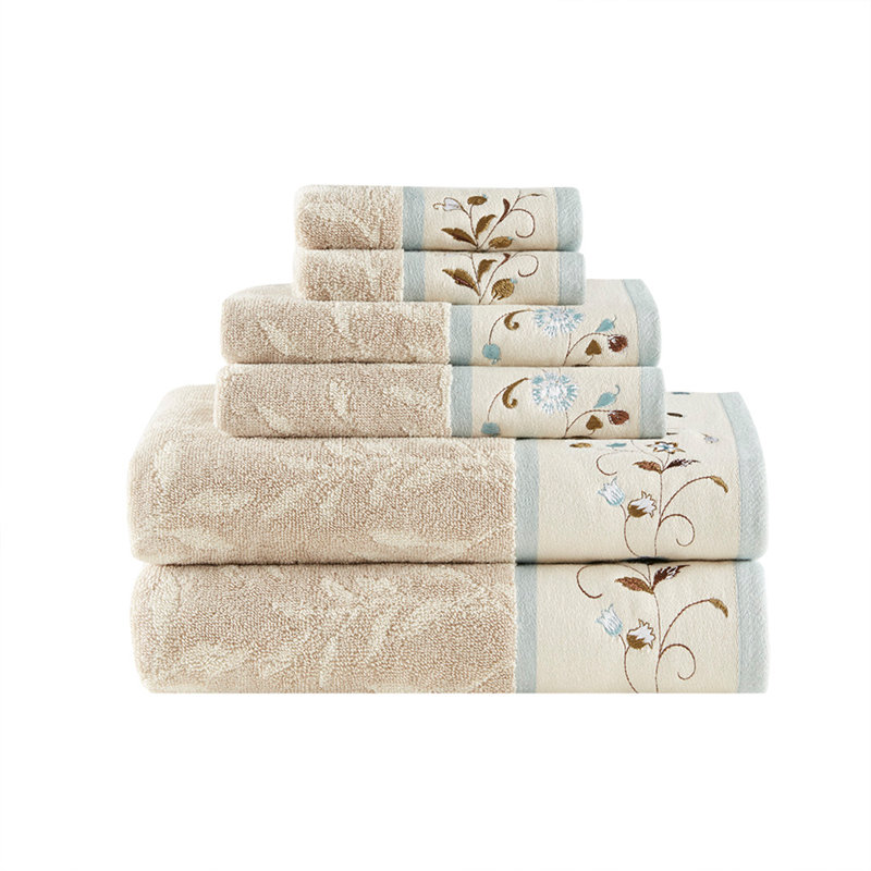 Embroidered Cotton Jacquard 6 Piece Towel Set, Blue