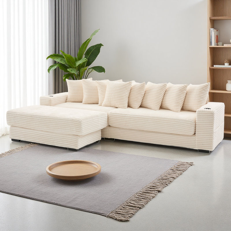 Canapé modulaire en L 110,75 po, canapé modulaire en velours côtelé, avec repose-pieds mobile, porte-gobelets, 8 coussins décoratifs, poche latérale, déplier dans un lit