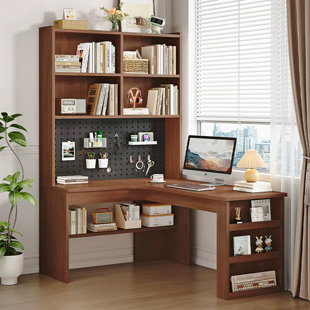 Bureau en L en bois massif avec bibliothèque intégrée, style minimaliste?