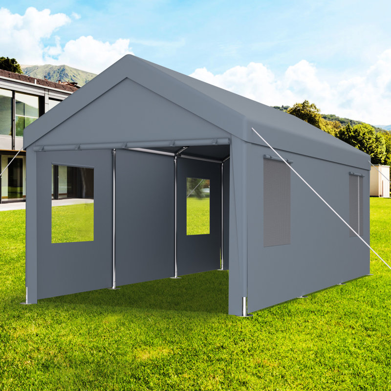 Galvanized Steel Frame Carport 10X20, 2 Doors, 4 Vent Windows, Grey Canopy For Outdoor Vehicle Storage Structure Steel, Shelter