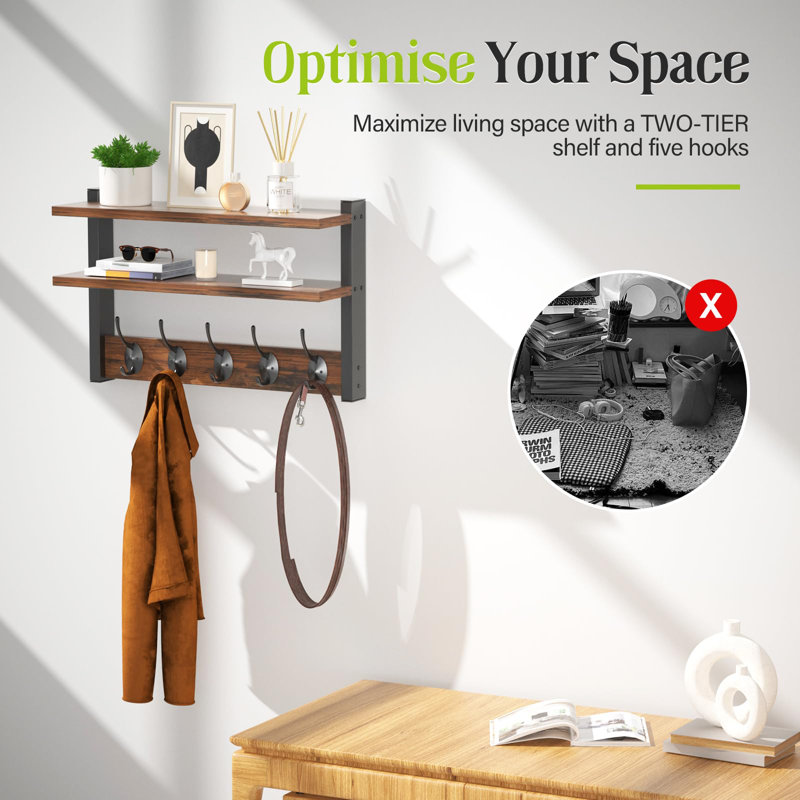 Two-Tier Wall Shelf With Hooks, Coat Rack Wall Mount With Shelf,Key Hooks For Wall With Shelf, Rustic Brown