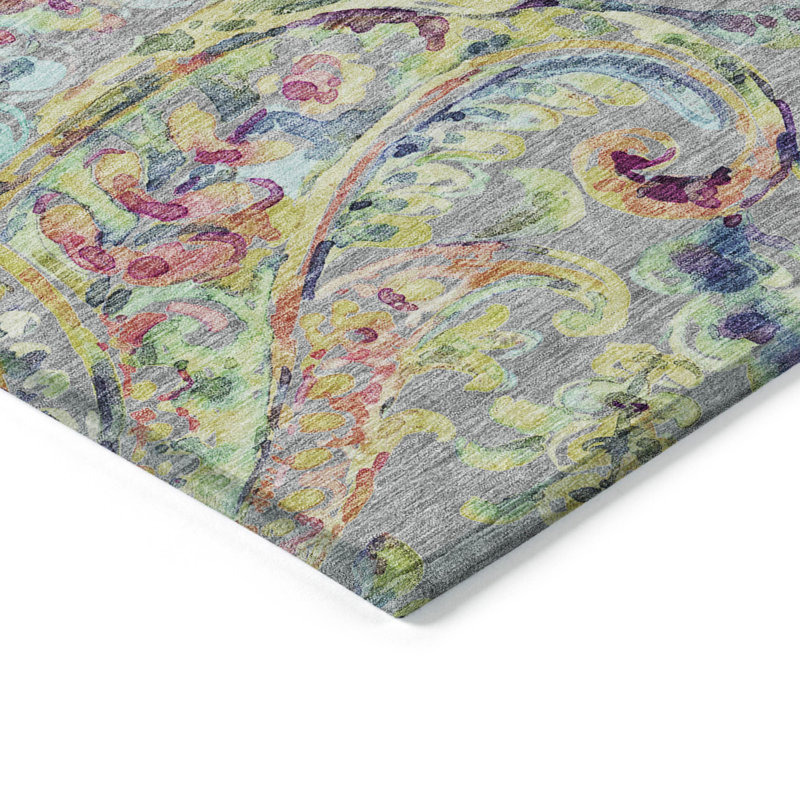 Tapis rose / gris / vert en polyester tissé à la machine Malave, Rectangle 5 pi x 7 pi 6 po