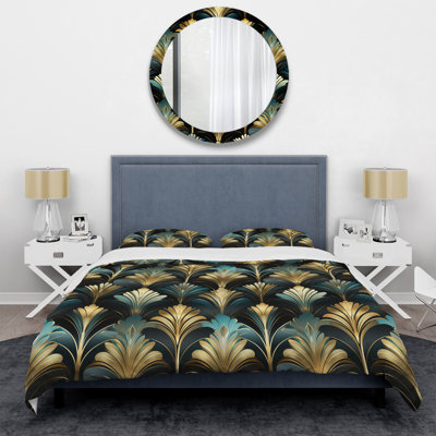 Ensemble de housse de couette émeraude et blanc damassé Art Deco I