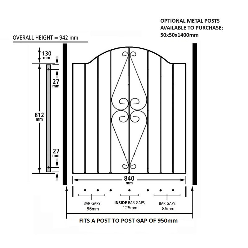Brizendine Scroll Low Bow Top Metal Garden Gate, 95cm W X 94cm H