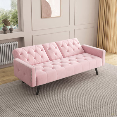 Sofa Bed Armrest With Nail Head Trim With Two Cup Holders 72" Velvet Sofa For Small Spaces
