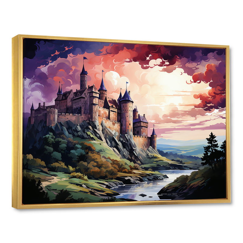 Château français médiéval, Cadre flottant doré, H 24 po x l 32 po x P 1 po