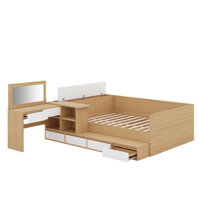 Lit plateforme double en bois avec tiroirs, tablettes et coiffeuse, Naturel