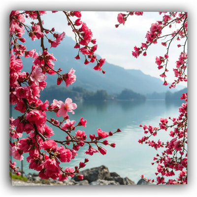 «Spring Serenity - Cherry Blossom Lake View», art mural sur toile