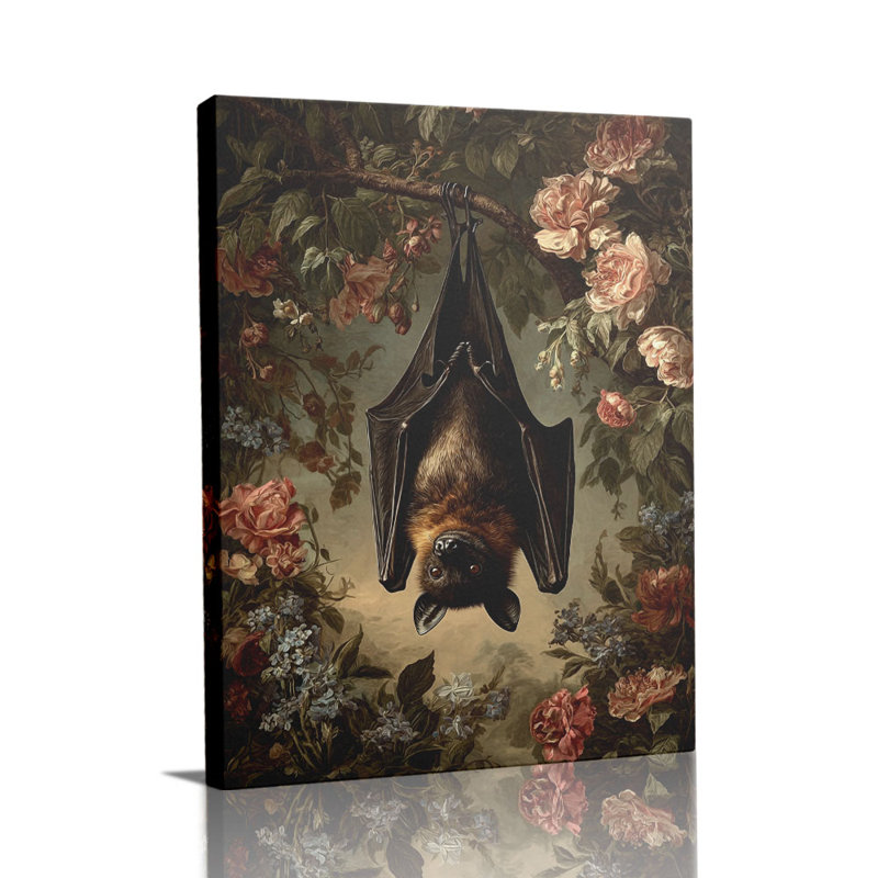Cadre tendu d'art mural en toile gothique «Bat Hanging in Rose Foliage» pour Eclectic Studio, 18 * 12 pouces (45 * 30 * 2cm)