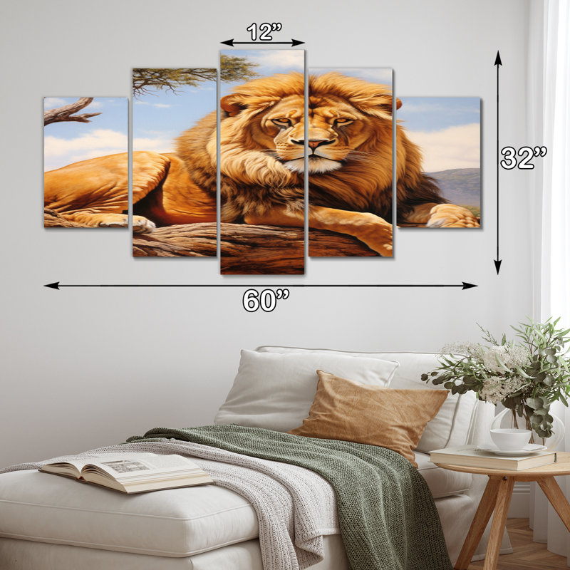 Lion Savannah Majesty Oil II - animaux, art mural sur toile - 5 panneaux