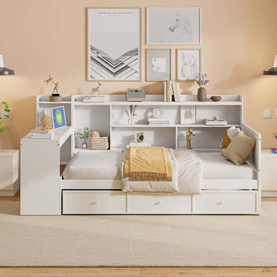 Lit de jour en bois avec 3 tiroirs, ports USB et bureau