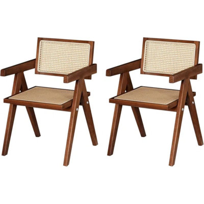 Rattan Dining Chairs, Woven Backrest Armchair Set of 2